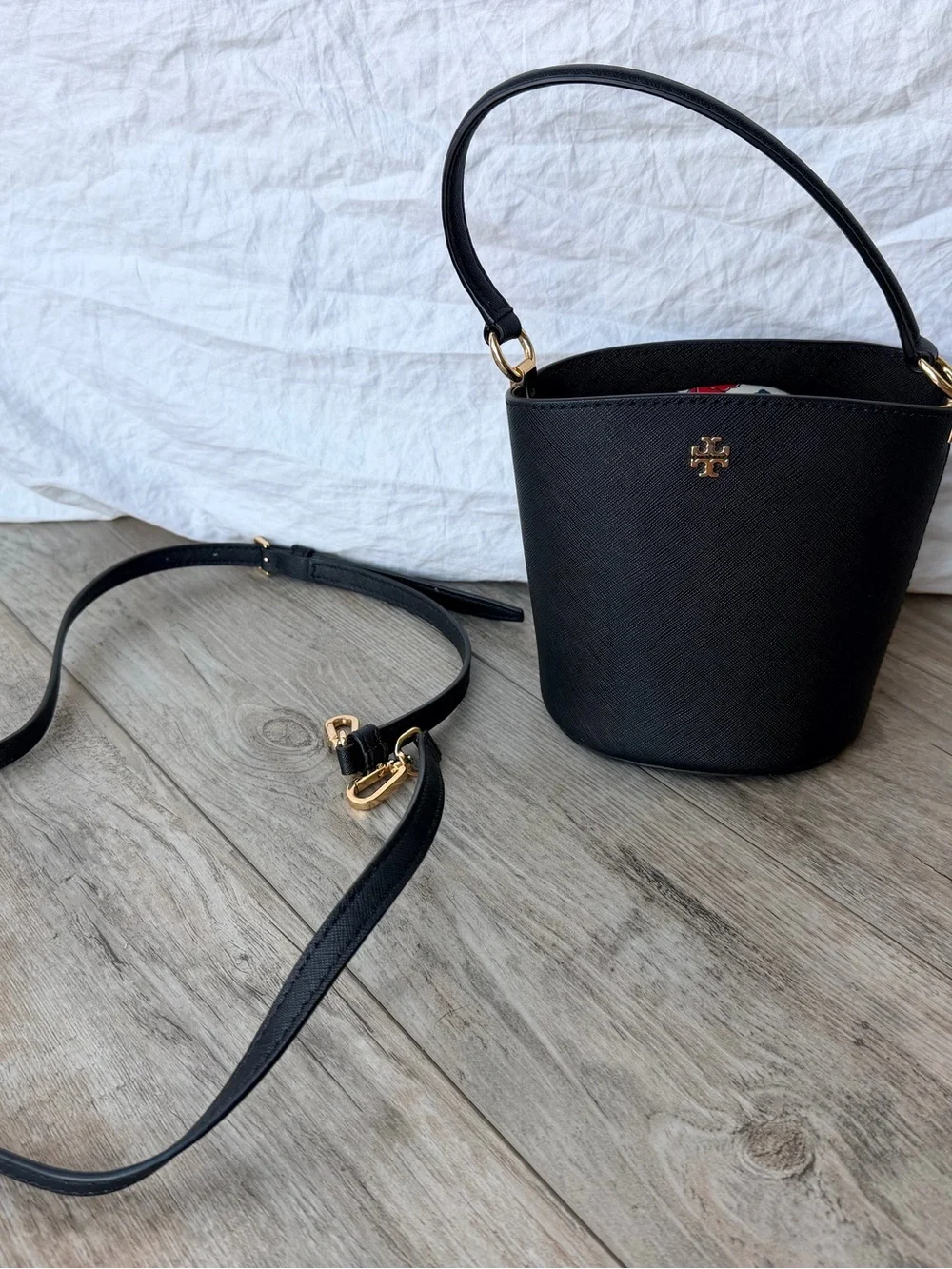 Tory Burch Emerson Mini Bucket Bag Black Saffiano Leather Crossbody Handbag